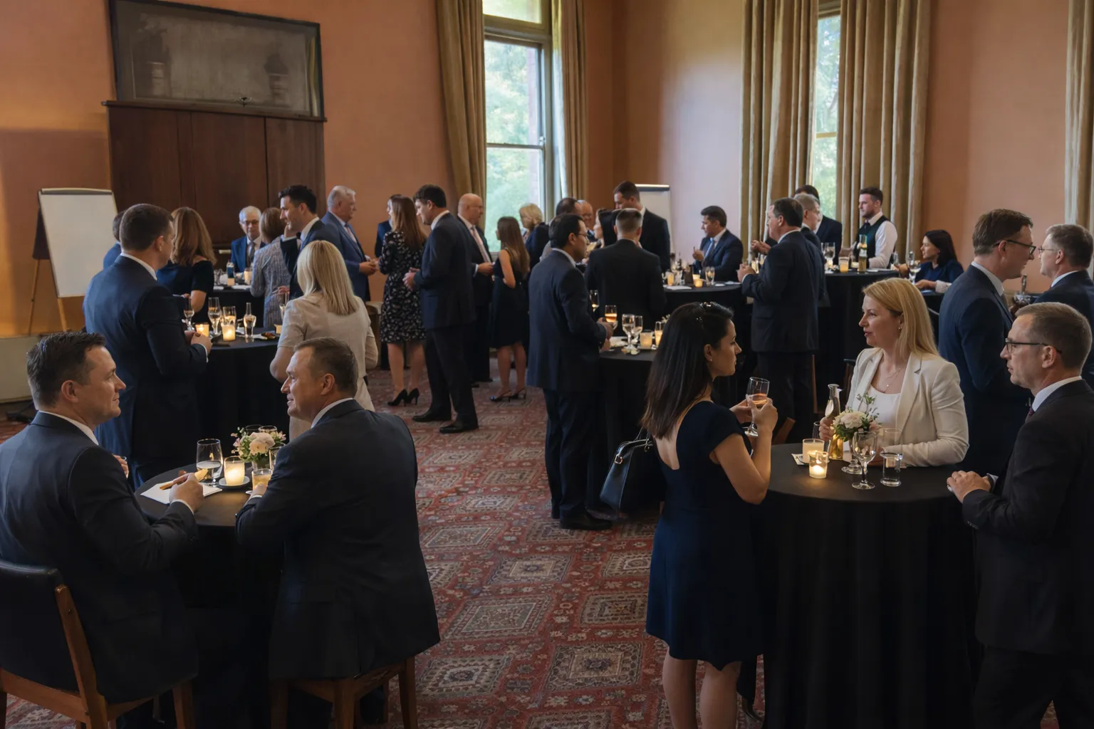 Business executives networking at cocktail tables during an elegant corporate reception caterer by Peter Rowland.