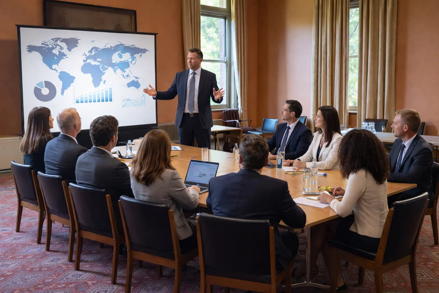 Corporate speaker delivering a business presentation during an executive meeting in a conference room.