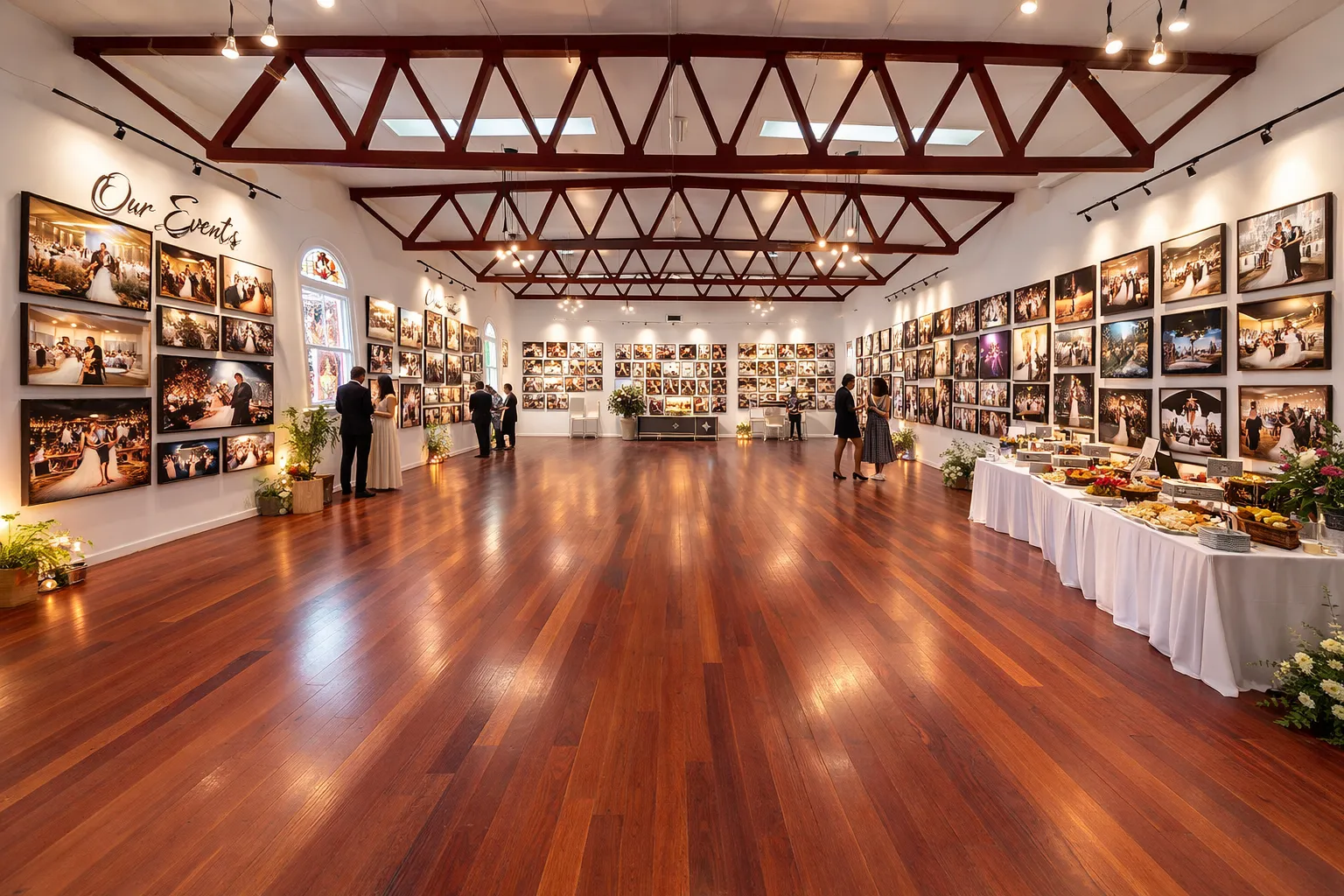 Spacious event hall with polished timber floors and exposed trusses managed by Peter Rowland venue hire.