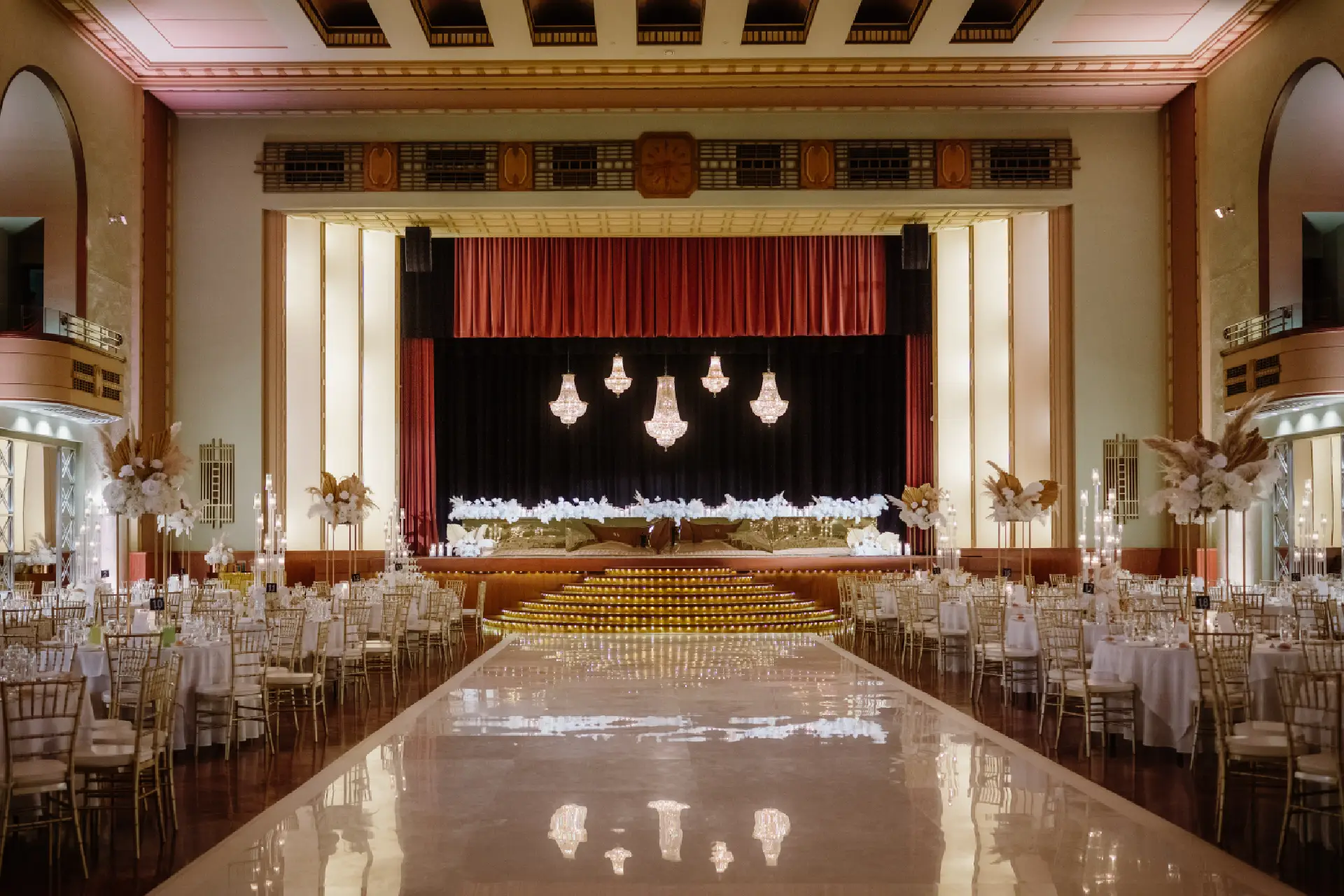 Sprawling parquetry floor view looking towards the presentation stage in The Great Hall at The Centre Ivanhoe.